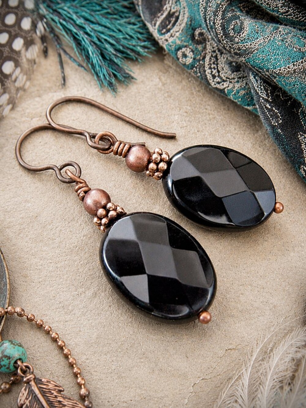 Black Onyx Earrings, Faceted Stones, Hypoallergenic Niobium Copper Hooks